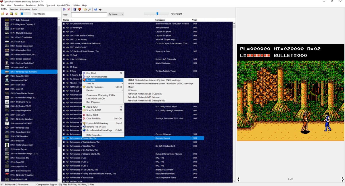 Interface EmulationStation de RetroBat affichant une bibliothèque de jeux rétro sur un PC Windows